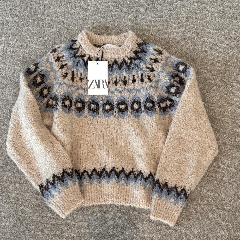 Zara Girls Beige and Blue Patterned Sweater